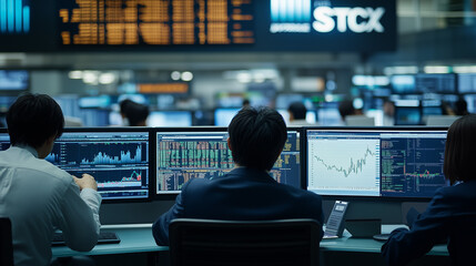 a bustling corporate office environment, viewed across a large, open floor plan. Numerous employees are seated at their desks, deeply focused on their computer screens, indicative of a typical busy wo