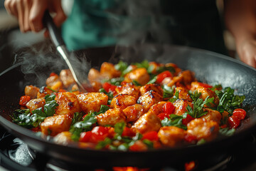 A person cooking a simple, casual meal in their kitchen, wearing an apron and enjoying the process.