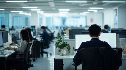 a bustling corporate office environment, viewed across a large, open floor plan. Numerous employees are seated at their desks, deeply focused on their computer screens, indicative of a typical busy wo