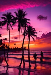 vibrant tropical beach sunset lush palm trees silhouetted colorful sky, ocean, horizon, sand, landscape, evening, light, reflection, water, clouds, warmth