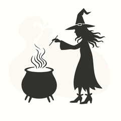 a black and white silhouette of a witch standing next to a cauldron. The witch is wearing a pointed hat and a long robe, vector silhouette 