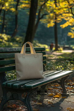 Tote bag mockup concept image with a blank tote bag sitting outside in a park on sunny day for the large sturdy cloth unfastened bag with parallel handles