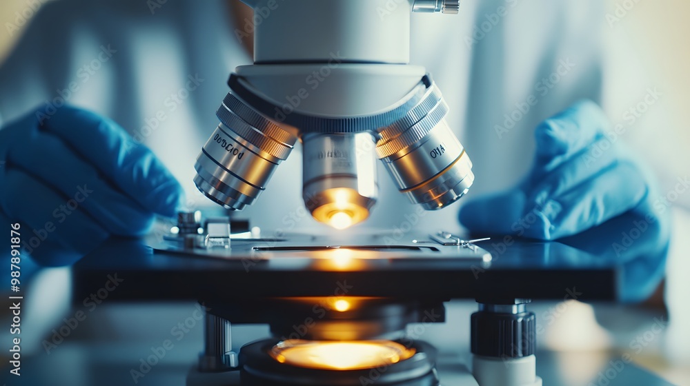 Poster close-up of a microscope with glowing light source and a scientist's hands in blue gloves