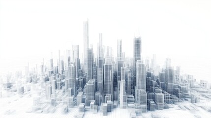 A city skyline is shown in a white background. The buildings are tall and grey, giving the impression of a cold and desolate urban landscape. The city appears to be in a state of decay