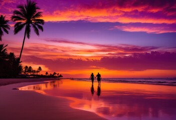 Fototapeta premium romantic tranquil seaside sunset vibrant colors gentle waves perfect couples getaway, beach, ocean, horizon, sky, nature, sand, evening, reflection, palm