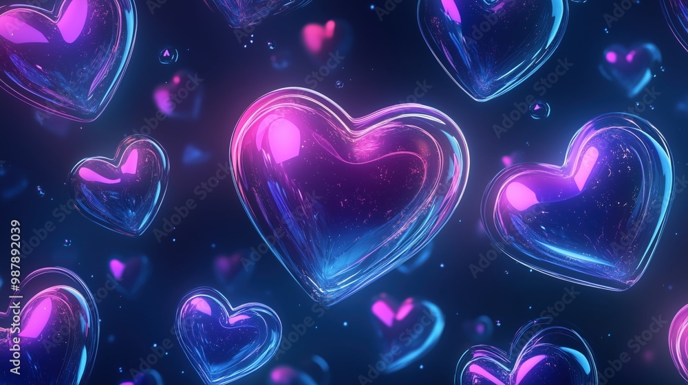 Poster a collection of heart-shaped bubbles in a blue and purple color scheme. the bubbles are floating in 