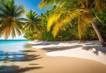 Obraz premium serene beach scene featuring lush tropical crystal clear soft sandy colorful exotic plants under bright sunny sky, foliage, water, shore, landscape, nature