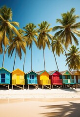 Obraz premium colorful beach huts surrounded lush tropical palm trees creating vibrant coastal scene, summer, outdoor, nature, landscape, vacation, resort, paradise