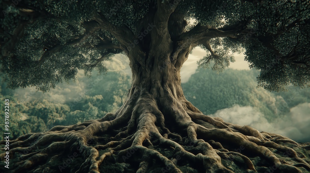 Aufkleber a large tree with roots that are spread out and reaching up into the sky. the tree is surrounded by 