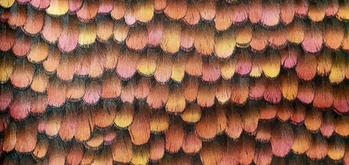 Stylish ornament from bird feathers ornament on fabric wallpaper. Interior design, bird feathers...