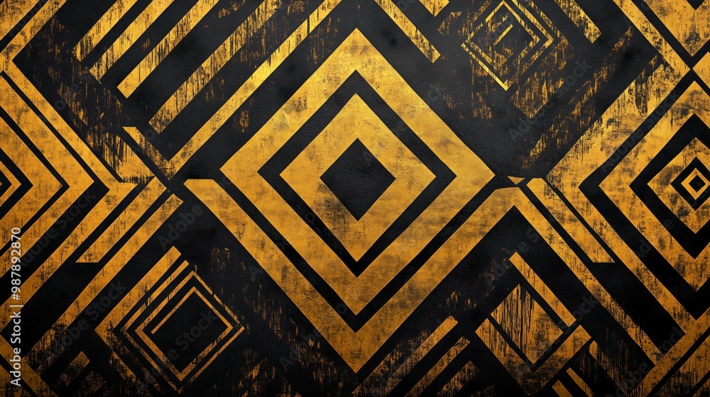 Poster black and gold background with a lot of squares and triangles. the overall effect is a bold and stri