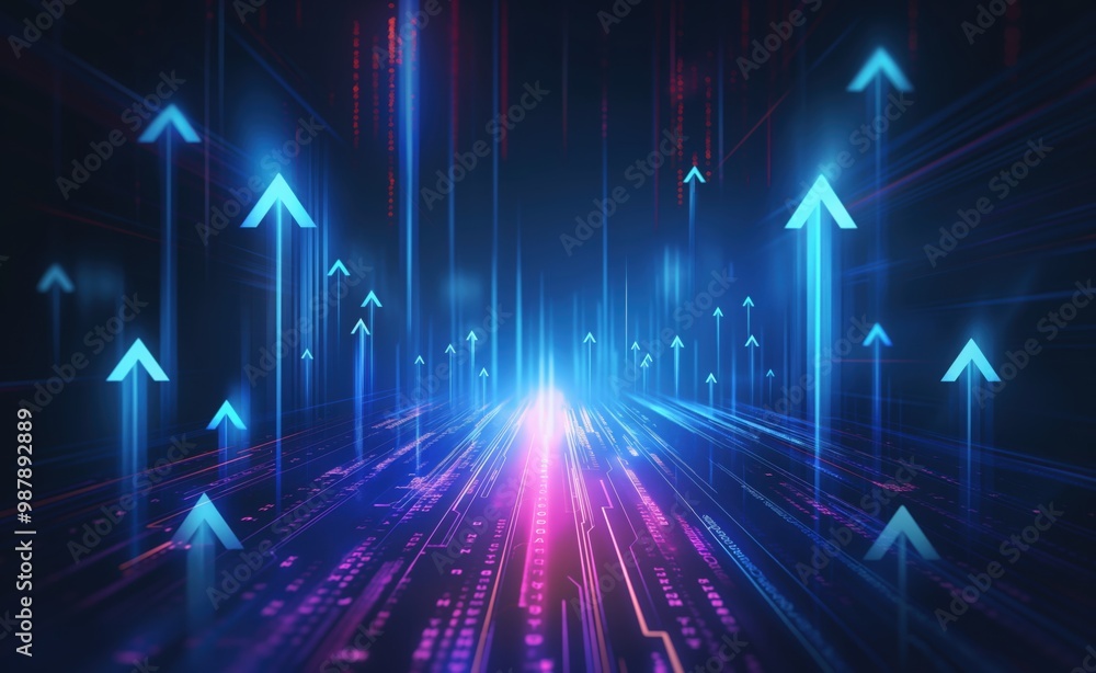 Aufkleber Blue and purple background with many arrows pointing upwards. The arrows are in different sizes and are scattered throughout the image. Scene is one of growth and progress