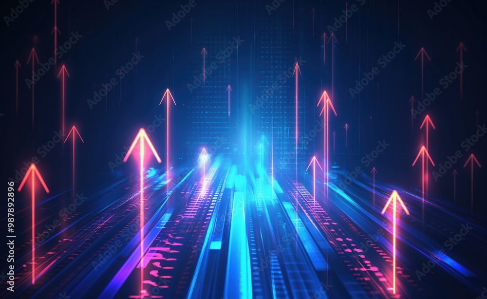Poster blue and red background with many arrows pointing in different directions. the arrows are red and bl