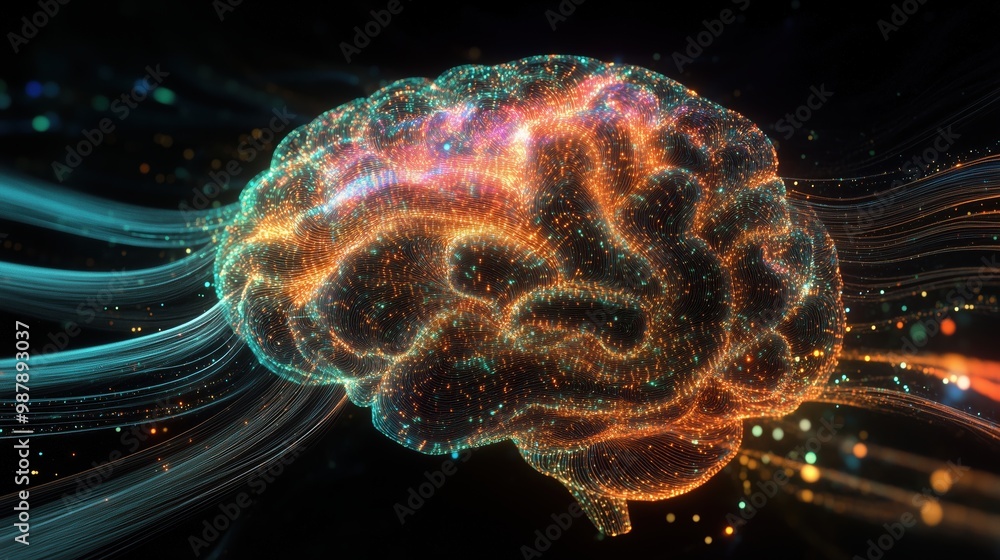 Poster brain with many colorful lines coming out of it. the brain is surrounded by a lot of lines and dots