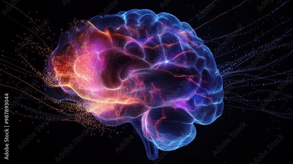 Poster brain with many colorful strands coming out of it. the brain is surrounded by a black background