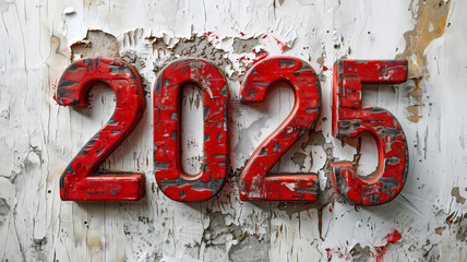 3d red numbers "2025" on background. Retro style, grunge