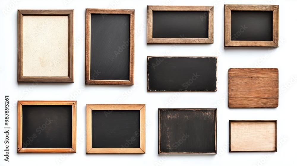 Poster collection of wooden frames with black chalkboards inside. the frames are of various sizes and shape