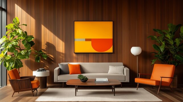 Modern living room with stylish furniture, vibrant abstract art on the wall, and lush green plants creating a cozy, contemporary ambiance.