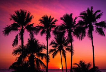Obraz premium vibrant palm tree silhouettes set colorful sunset backdrop rich purple hues sky, orange, pink, tropical, landscape, evening, light, shadow, scenery, warm