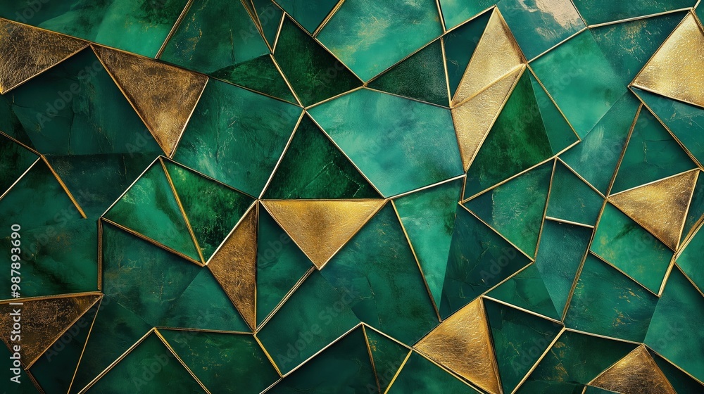 Poster green and gold patterned wall with triangles. the pattern is made up of small squares and triangles