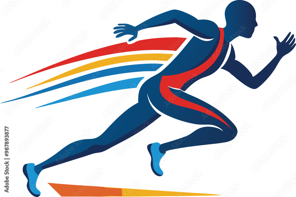 Poster athlete running in motion, flat vector illustration symbolizing speed and performance