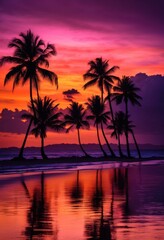 vibrant silhouettes palm trees framed radiant glow colorful sunset, radiance, sky, clouds, orange, pink, yellow, blue, light, evening, twilight, horizon