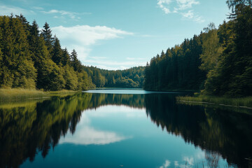 Serene lake surrounded by lush greenery and trees reflecting the clear blue sky above it. Nature photography in summer with beautiful landscape and pond
