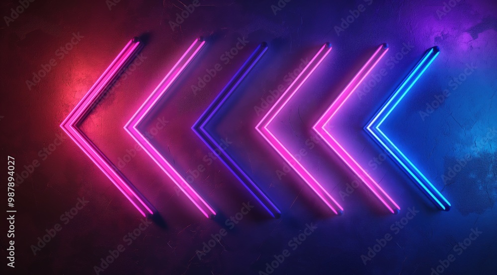 Wall mural neon sign with pink and blue arrows pointing in different directions. the sign is lit up and he is i