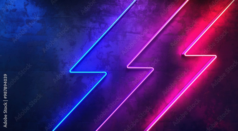 Poster neon sign with two blue and red lines that resemble lightning bolts. the sign is set against a dark 