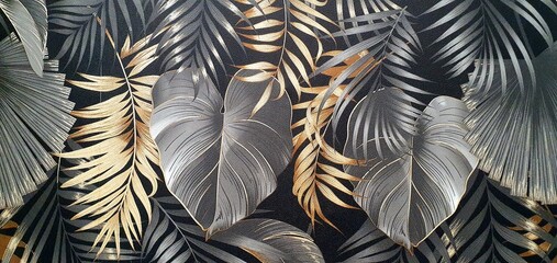 Texture of black wallpaper with an ornament of palm leaves with gold and silver elements. Luxury wallpaper with palm leaves ornament. Black exotic background ornament. Interior design wallpaper.