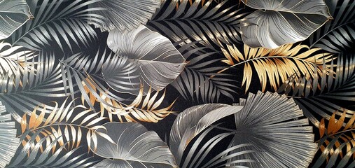 Texture of black wallpaper with an ornament of palm leaves with gold and silver elements. Luxury wallpaper with palm leaves ornament. Black exotic background ornament. Interior design wallpaper.