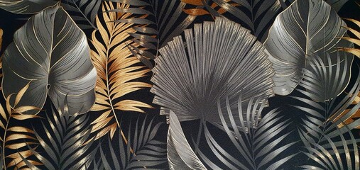 Texture of black wallpaper with an ornament of palm leaves with gold and silver elements. Luxury...