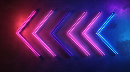 Neon sign with pink and blue arrows pointing in different directions. The sign is lit up and he is in a dark room