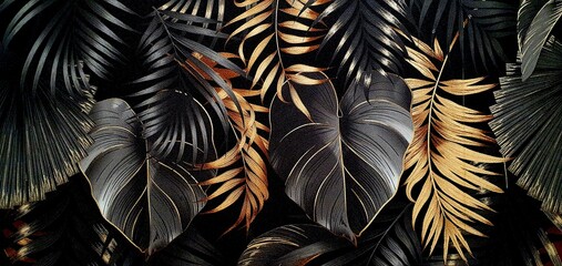 Texture of black wallpaper with an ornament of palm leaves with gold and silver elements. Luxury wallpaper with palm leaves ornament. Black exotic background ornament. Interior design wallpaper.