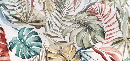 Texture of wallpaper or fabric with an ornament of colored palm leaves on a white background. Print...