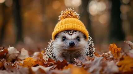 Obraz premium A cute hedgehog wearing a yellow hat is playing in the autumn leaves, with an autumn forest background, in a photo-realistic style, high definition