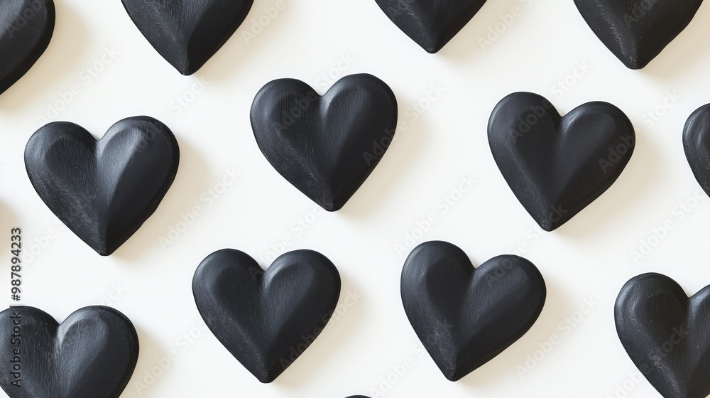 Poster row of black hearts are arranged on a white background. the hearts are all the same size and shape, 