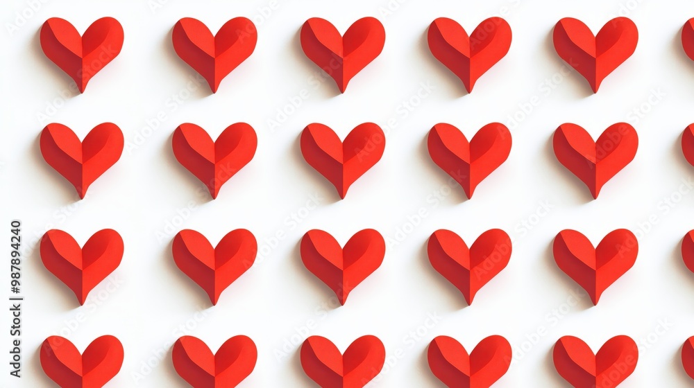 Poster row of red hearts are arranged in a pattern on a white background. the hearts are cut out of paper a