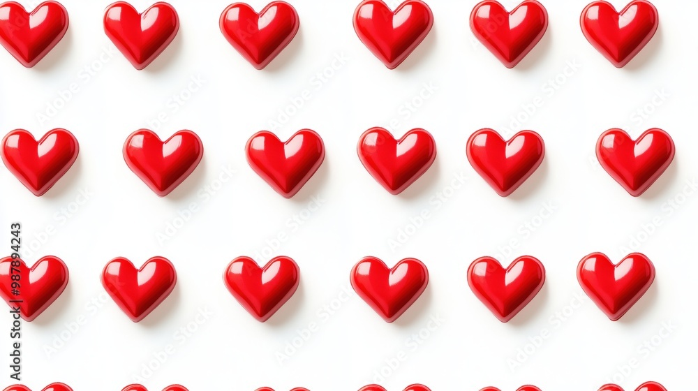 Poster row of red hearts are arranged in a pattern on a white background. the hearts are all the same size 