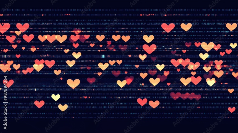 Poster series of hearts are displayed in a blue and orange color scheme. the hearts are arranged in a row, 