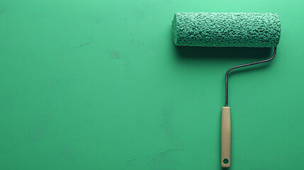 Photo of a paint roller with green texture lying against a blank green wall. Web banner with copy space on the right.