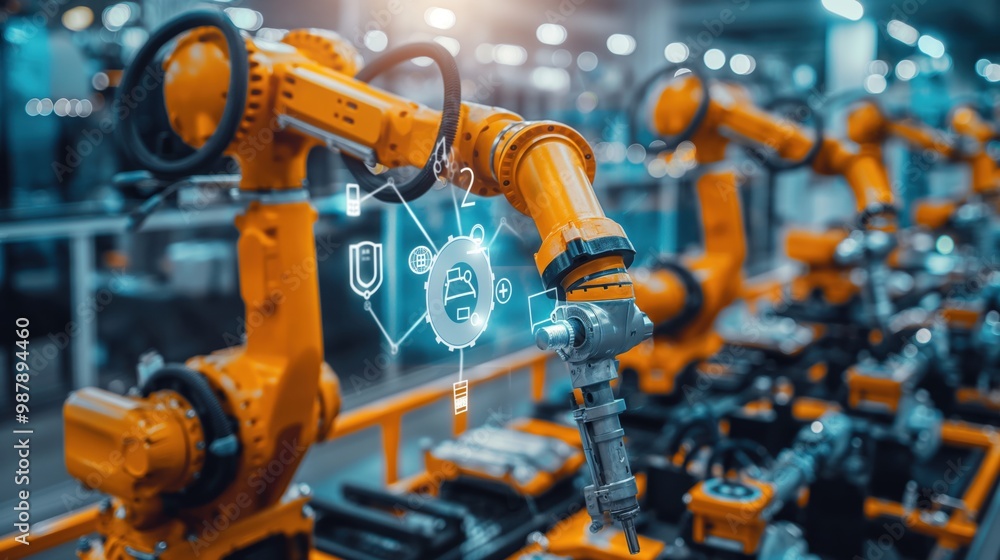 Poster robot is shown in a factory with a screen on its arm displaying a variety of icons. the robot is ora