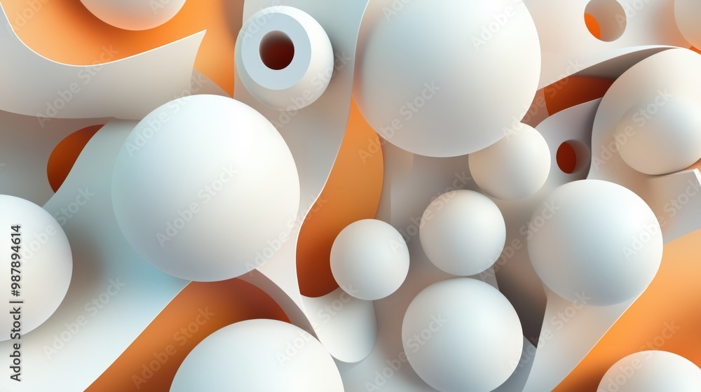 Poster white and orange background with many white spheres. the spheres are of different sizes and are scat