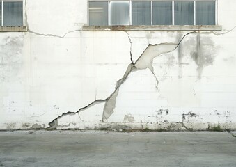 Wall with a large crack in it. The crack is very wide and extends from the top of the wall to the bottom. The wall is made of concrete and is very old