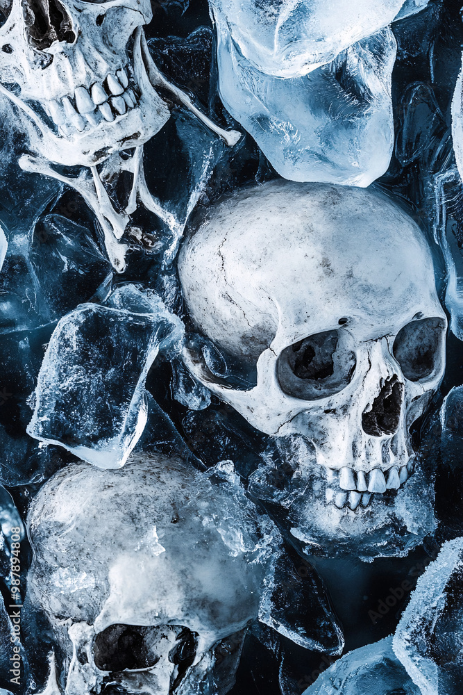 Poster bones. human skeletal fragments encased in ice. isolated cold dark background. forensic science and 