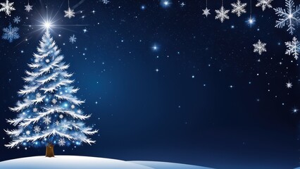Fototapeta premium A snowy winter scene featuring a decorated Christmas tree against a starry night sky.