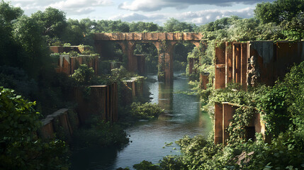 A post-apocalyptic wilderness reclaimed by nature, with dense forests and winding rivers teeming with life amidst the ruins of civilization. illustration. Winding River. Illustration