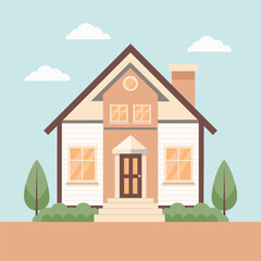 Cozy country house among green trees and bushes. Rural cozy cottage. Flat style illustration