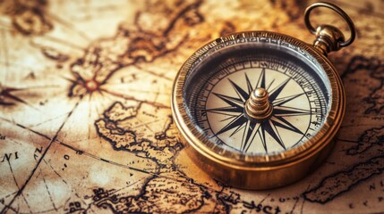 A close-up of a vintage compass placed on an old nautical map, symbolizing exploration, adventure, and the spirit of discovery.