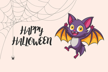 Calligraphy lettering Happy Halloween with cute bat character and spider web. Retro illustration, postcard